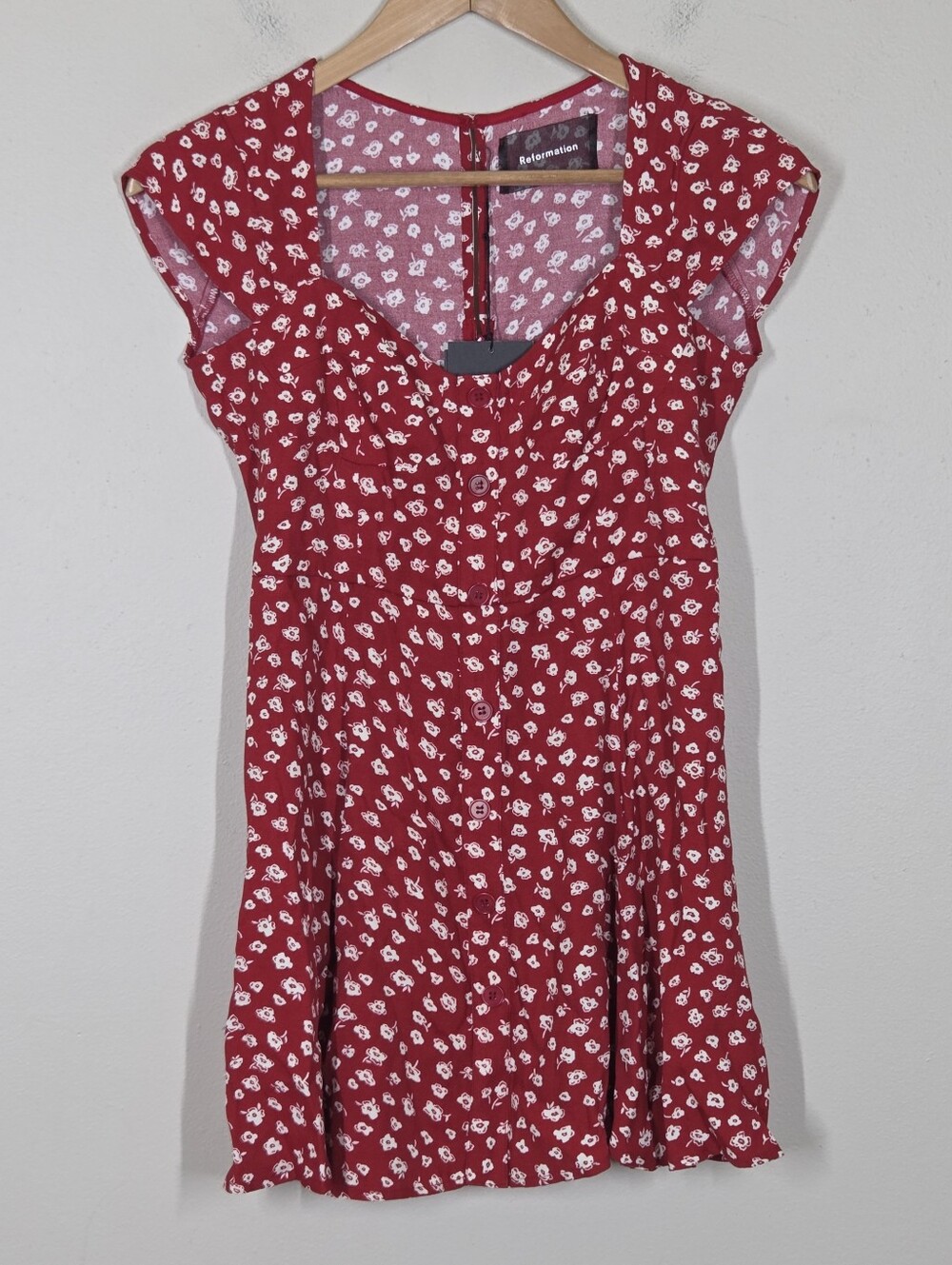 NWT Reformation Cheri Red Floral Mini Dress Cap Sleeves Sweetheart Neckline 2